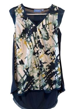 Vera Wang Simply Abstract V-Neck Layered Tank - Navy/Green/White L
